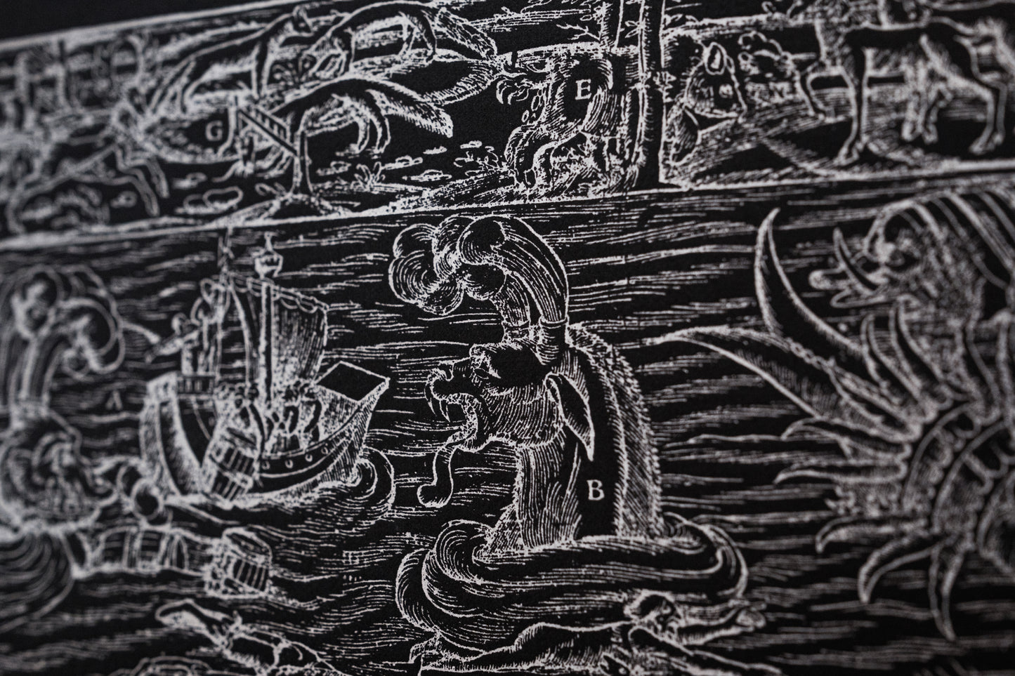 'Munster's Monsters' hand-pressed fine art print from the 'Cosmographia Universalis' (silver on black)
