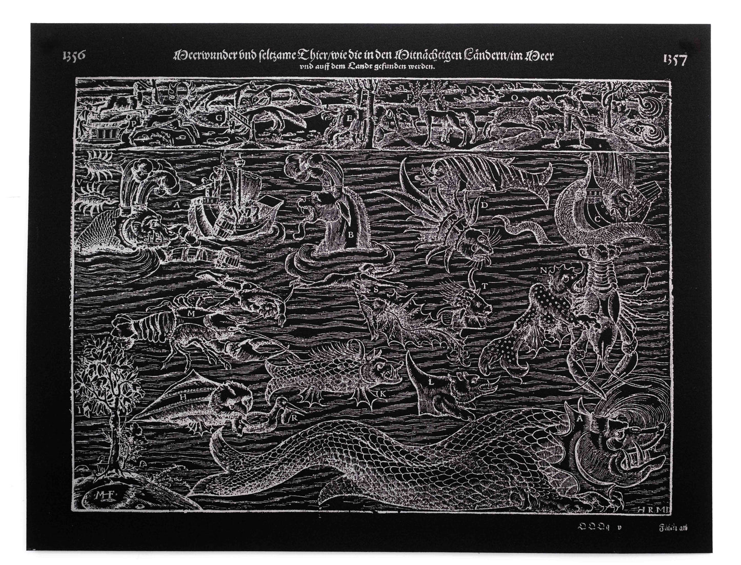 'Munster's Monsters' hand-pressed fine art print from the 'Cosmographia Universalis' (silver on black)