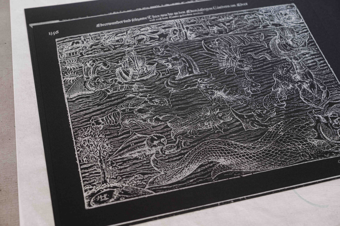 'Munster's Monsters' hand-pressed fine art print from the 'Cosmographia Universalis' (silver on black)