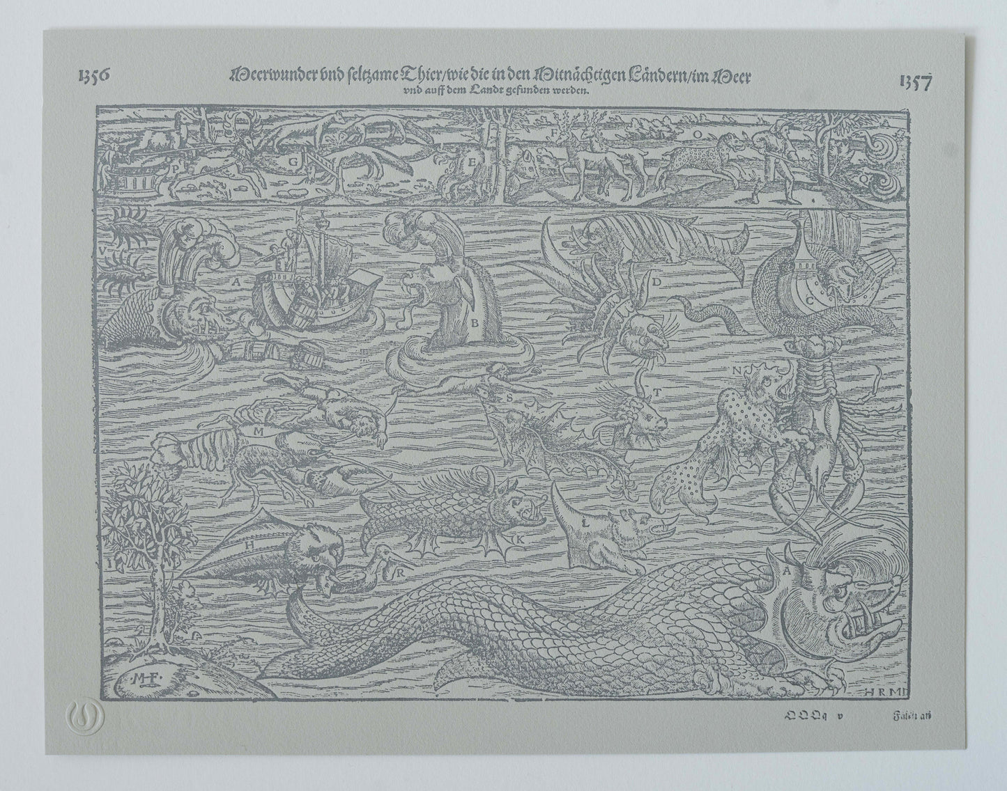 'Münster's Monsters' hand-pressed fine art relief print from the 'Cosmographia Universalis' (Silver Graphite)