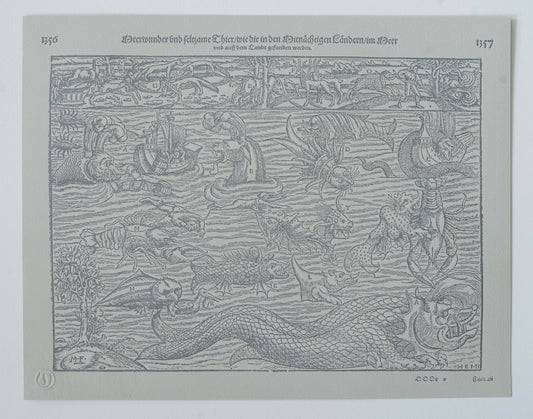'Münster's Monsters' hand-pressed fine art relief print from the 'Cosmographia Universalis' (Silver Graphite)