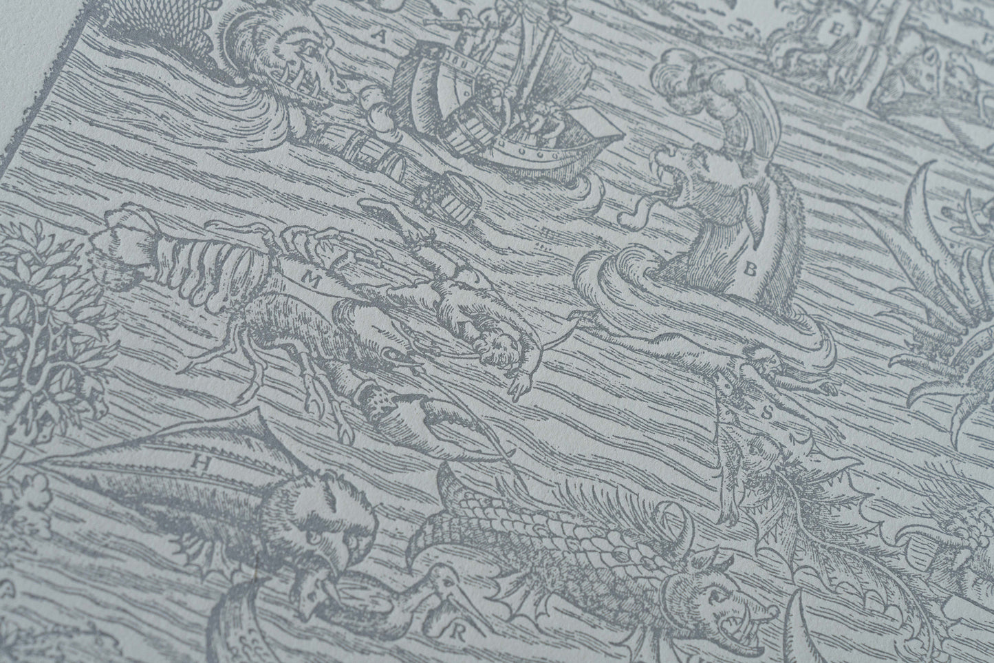 'Münster's Monsters' hand-pressed fine art relief print from the 'Cosmographia Universalis' (Silver Graphite)